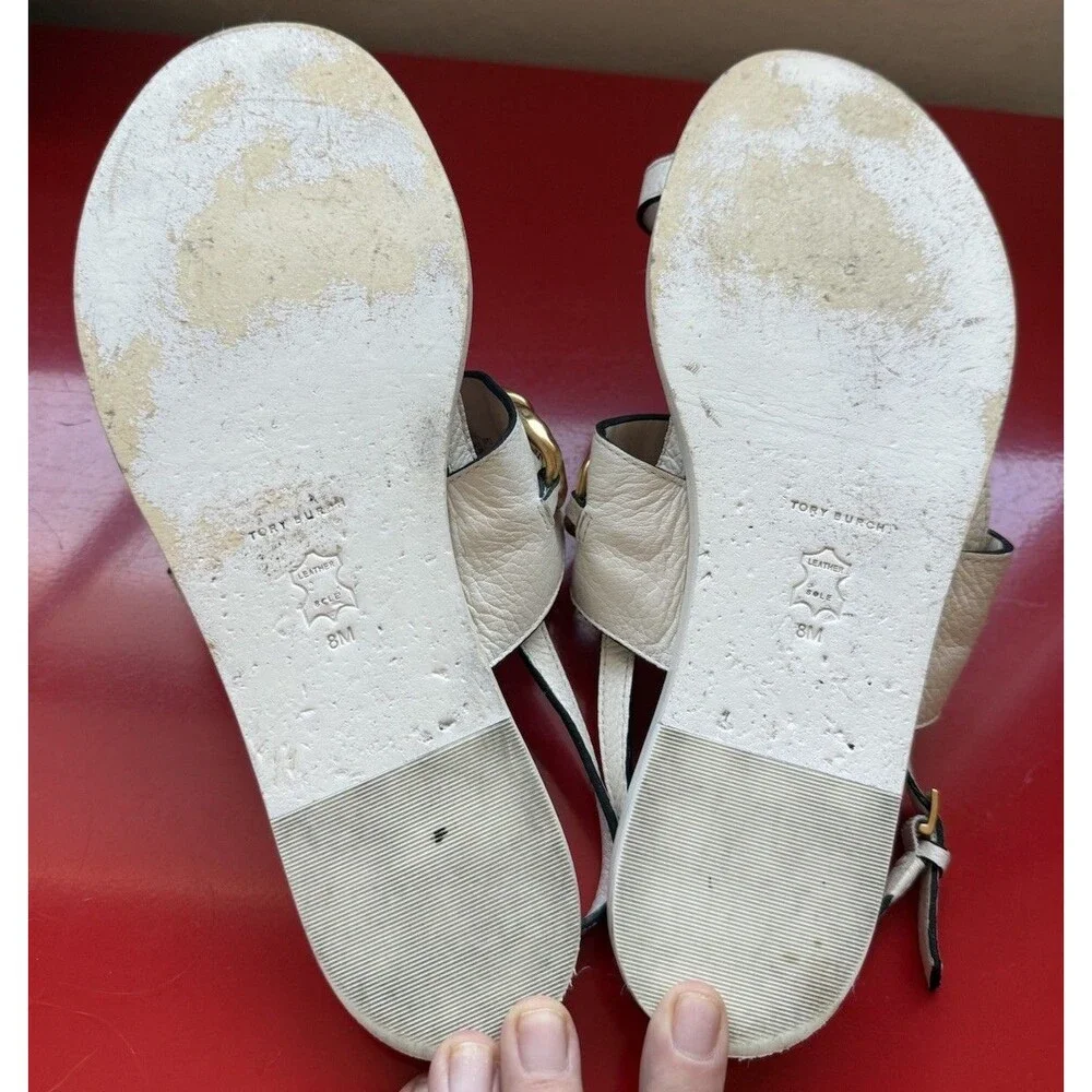 Tory Burch Adrien Chain Sandal Ivory Leather Gold Medallion Size 8M Casual - Picture 9 of 11
